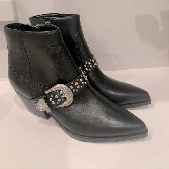 Guess Hermina Black Leather Moto Studded Western Ankle Boots Bootie 6.5 Cowboy - Picture 3 of 12